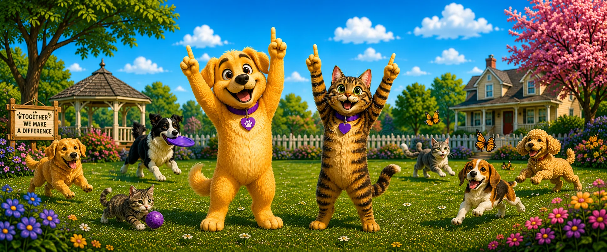 Buddy and George cheering with shelter pets — together we make a difference.