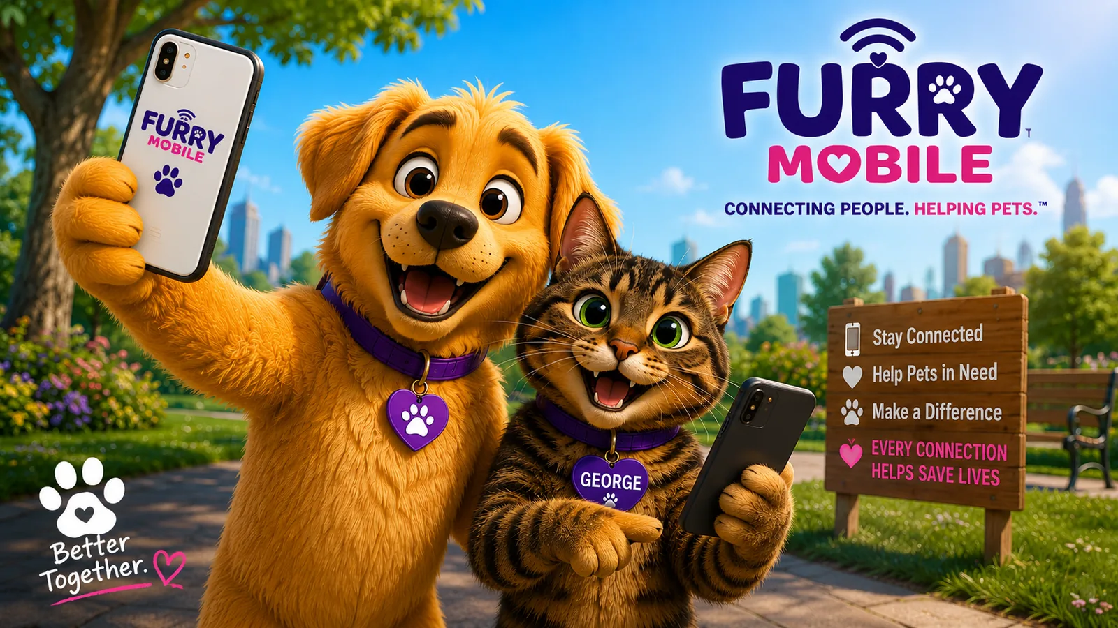 Buddy and George in the park — Furry Mobile, connecting people, helping pets